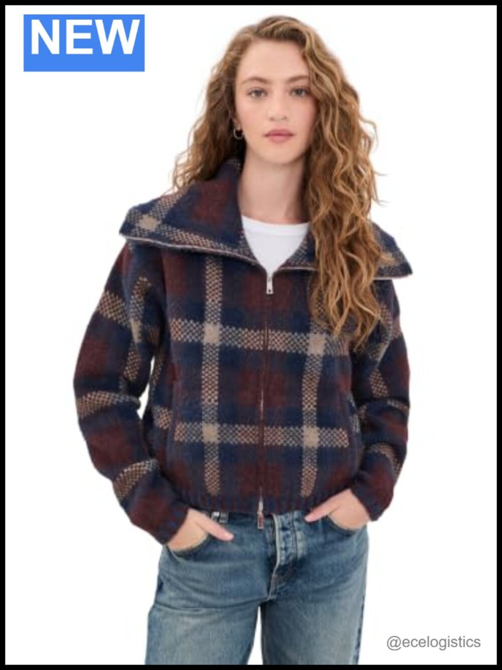 Mid-Weight Stretch Knit Plaid Bomber Jacket with Slant Pockets